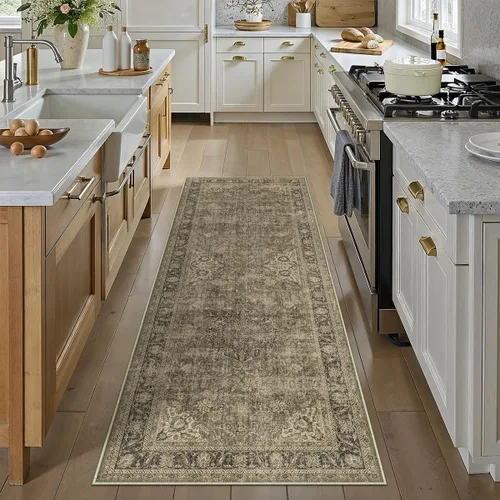 Miniatura 2 de Alfombra de área marrón lavable de 2 x 3 pies, alfombra vintage para entrada y cocina, antideslizante, suave, de pelo bajo desgastado, alfombra