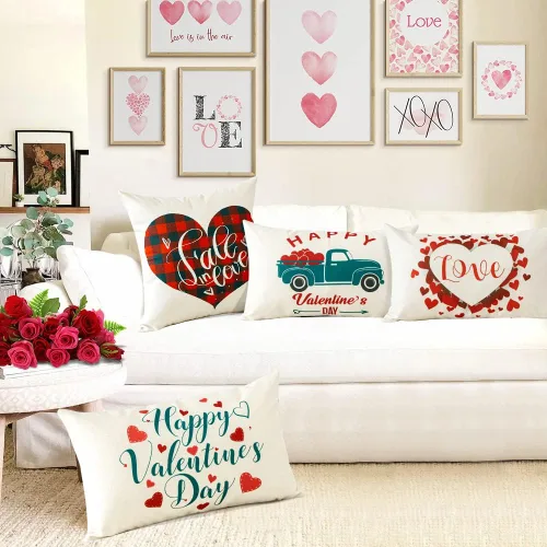 Miniatura 8 de Artscope Fundas de almohada impermeables para el día de San Valentín, juego de 4 fundas de cojín de lino y algodón para sofá en exteriores, 12 x 20