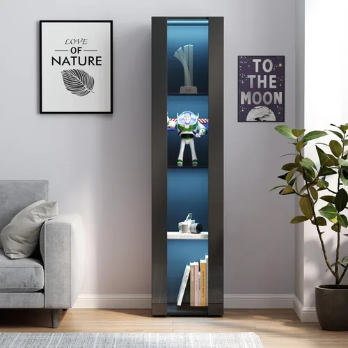 Miniatura 5 de Gabinete de pantalla LED de 67 pulgadas con 4 estantes de vidrio y 1 puerta, gabinete de almacenamiento moderno de la colección Curio, estantería
