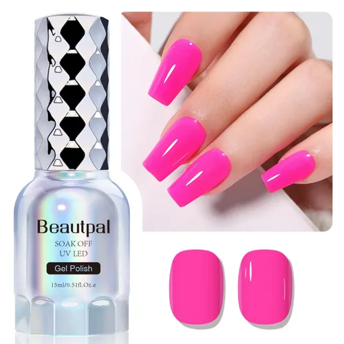 BEAUTPAL Esmalte de uñas en gel rosa intenso de 0.5 onzas líquidas, esmalte de uñas en gel que se absorbe con luz UV LED, arte de uñas, salón de