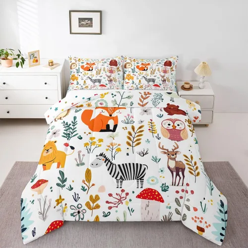Erosebridal Juego de edredón de zorro para niños, edredón de plumón de oso bosque, ciervo, para dormitorio de niños y niñas, juego de ropa de cama