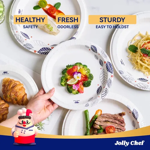 Miniatura 7 de JOLLY CHEF 280 platos de papel de 8 pulgadas, a prueba de remojo, a prueba de cortes, platos de papel desechables impresos de hojas resistentes