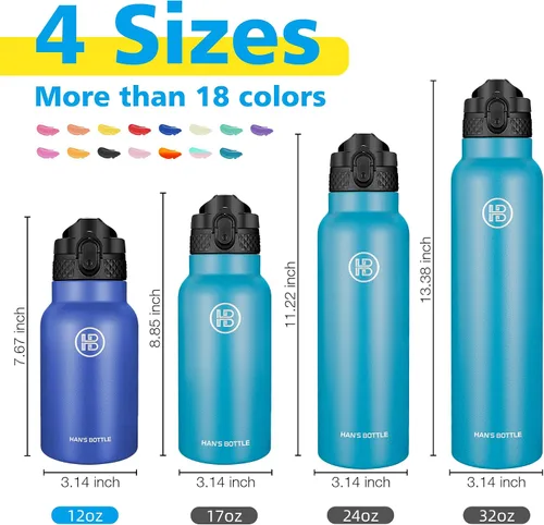 Miniatura 2 de Han's Bottle Botella de agua para niños con tapa con pajilla, vaso reutilizable de acero inoxidable aislado para niñas, niños, taza térmica, 12 Azul