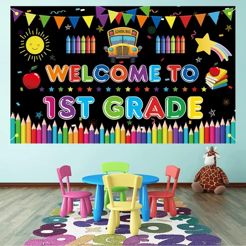 Miniatura 3 de Cartel de bienvenida al primer grado, telón de fondo grande para decoración del primer día de escuela, bienvenido a la escuela, primer día de jardín