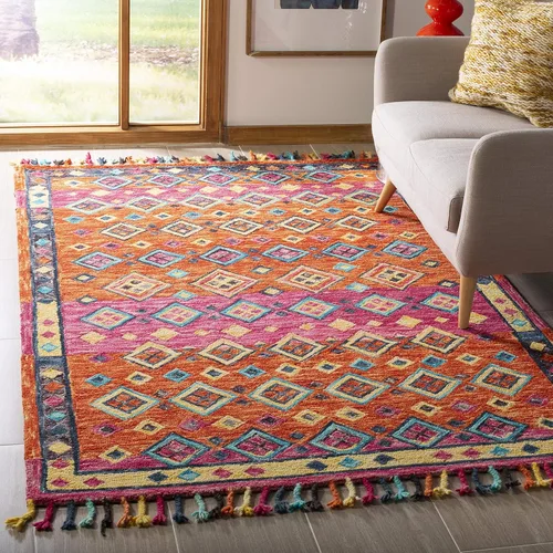 SAFAVIEH Aspen Collection - Alfombra cuadrada de 3 pies, naranja y fucsia, hecha a mano, lana trenzada con borlas, ideal para zonas de alto tráfico
