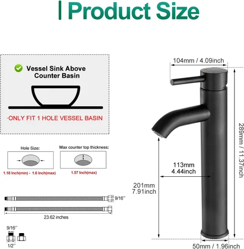 Miniatura 5 de VOTON Grifo de Fregadero de Recipiente Cromado Moderno Grifo de Baño Alto de Una Sola Manija con Un Agujero para Lavabo de RV Grifo de Lavabo