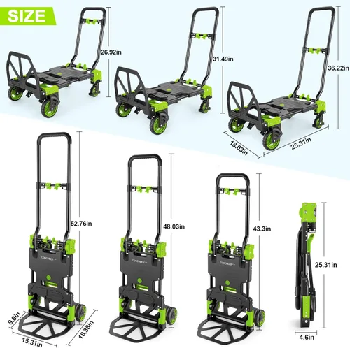 Miniatura 2 de Carretilla de mano plegable de 330 libras para trabajo pesado, combinación de cuatro ruedas y dos ruedas, carrito convertible con mango retráctil