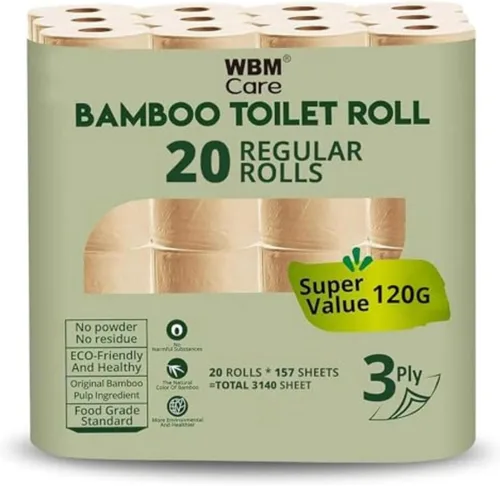WBM Care Toallas de papel de bambú, fuertes y flexibles, de 3 capas, diseñadas para pieles sensibles, sin árboles, baño totalmente natural y