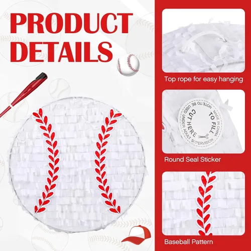 Miniatura 3 de Deekin Pequeña Piñata de Béisbol con Bastón, Venda para los Ojos y Confeti para Suministros de Decoración de Fiesta Temática Deportiva
