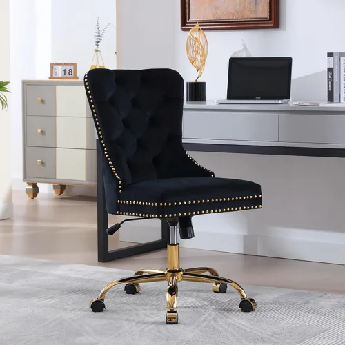 Silla de escritorio de terciopelo con ruedas, silla de oficina dorada, silla giratoria sin brazos con ribete de remache de respaldo alto, cómoda