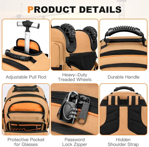 Miniatura 9 de Mochila de herramientas con rueda, mochila de herramientas rodantes para electricista, bolsa de herramientas con ruedas para trabajos de Marrón