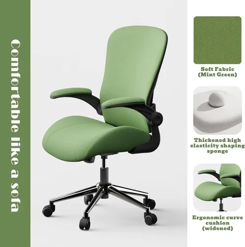 Miniatura 3 de Silla ergonómica de escritorio de oficina verde, cojín de asiento curvado grueso de tela suave con soporte lumbar ajustable, mezcla perfecta