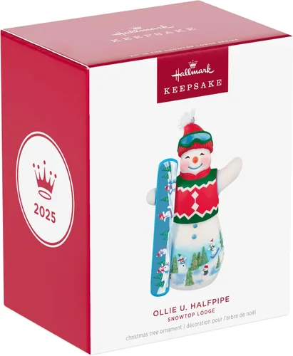 Miniatura 7 de Hallmark Keepsake Adorno de Navidad 2025, Snowtop Lodge Ollie U. Halfpipe, porcelana, muñeco de nieve, regalos para coleccionistas