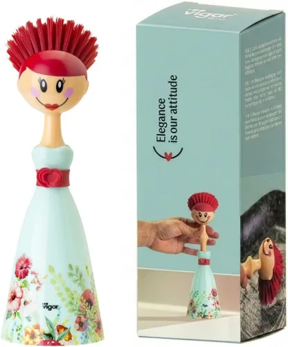 Vigar Dolls Cepillo para platos con mango ergonómico y soporte de almacenamiento en forma de D - Cepillo para fregar sartenes, ollas, limpieza de