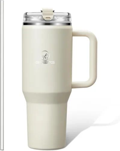 Miniatura 20 de Gpeng 30/40/50 oz Vaso con asa, botellas de agua con tapa de popote, taza de viaje de acero inoxidable aislada compatible con portavasos, mantiene