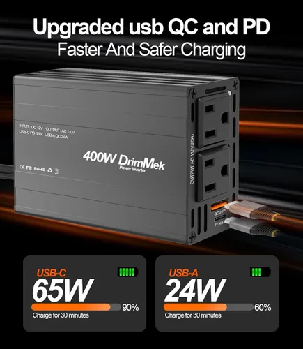 Miniatura 3 de 400 W Inversor de corriente para automóvil - Adaptador de enchufe de toma doble CC 12 V a 110 V CA, puerto USB C de carga rápida 65 W y 24 W
