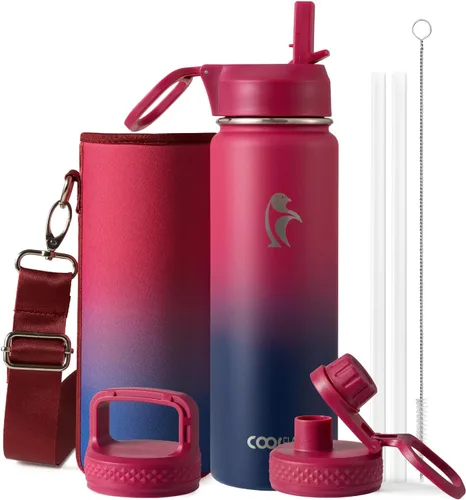 Miniatura 102 de Coolflask Botella de agua de 20 onzas aislada con pajilla, 3 tapas de metal de acero inoxidable, botella de agua de boca ancha para deportes u