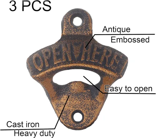 Miniatura 2 de Abridor de botellas de cerveza de hierro fundido de estilo antiguo Abridor de tapa de botella montado en la pared Oro envejecido (3 PCS)
