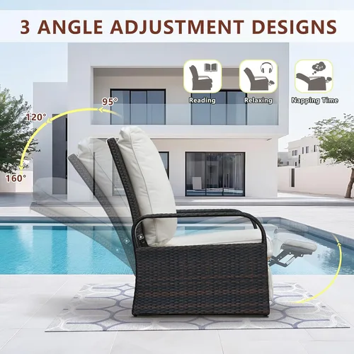 Miniatura 3 de Babylon Silla reclinable de mimbre ajustable para exteriores con cojines de 5.5 pulgadas de grosor y reposapiés, marco de aluminio resistente al