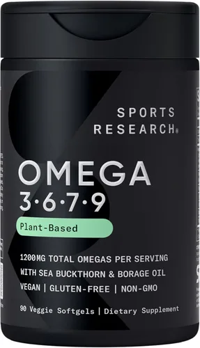 Sports Research® Vegan Omega 3-6-7-9 - 1200 mg de Ácidos Grasos Omega de Espectro Múltiple Certificados Fórmula No OMG con Espino Cerval de Mar y