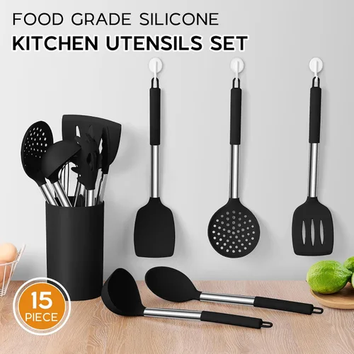 Miniatura 3 de Onader Juego de utensilios de cocina, 15 piezas de utensilios de cocina de silicona con soporte y mango de acero inoxidable resistente al calor