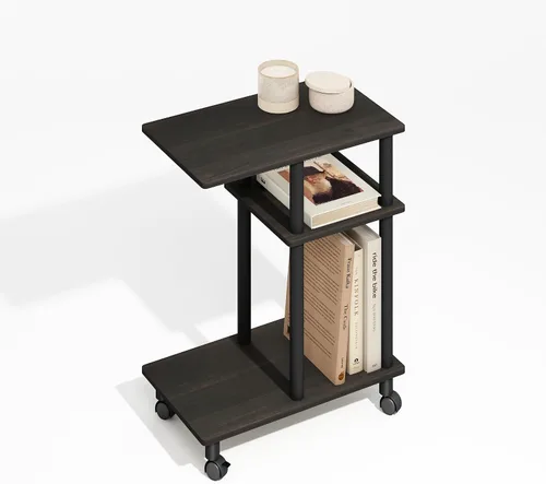 Miniatura 3 de Furinno Turn-N-Tube - Mesa auxiliar en forma de C de 3 niveles con ruedas, mesa de noche de montaje sin herramientas, mesita de noche con estante