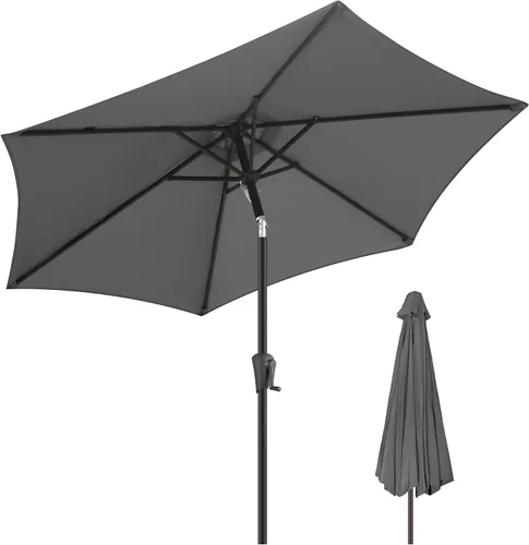 FLAME&SHADE Sombrilla de patio al aire libre de 9 pies, sombrilla de mesa con botón de inclinación y manivela, protección UV, 6 varillas