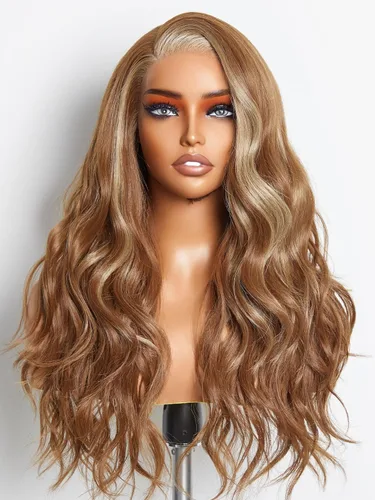 Miniatura 12 de GORGIUS Peluca lacia sin pegamento Ombre rubia ondulada HD con encaje frontal transparente, lista para usar, prediseñado, elaborado con tecnología