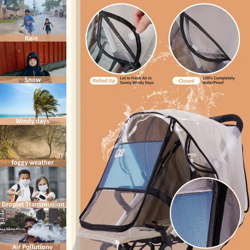 Miniatura 4 de Bemece Funda de lluvia para cochecito, accesorio universal para cochecito, protector contra el clima de viaje del bebé, resistente al viento, Blanco