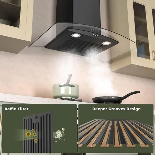 Miniatura 4 de FIREGAS Campana extractora de montaje en pared de 30 pulgadas con ventilador de 3 velocidades, campana extractora negra con vidrio templado, 400