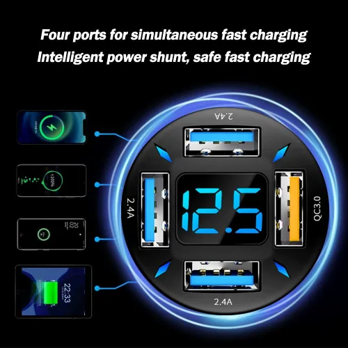 Miniatura 4 de Cargador de coche USB rápido de 66 W con voltímetro pantalla de luz LED, adaptador de cargador de coche compatible con iPhone 1pcs negro