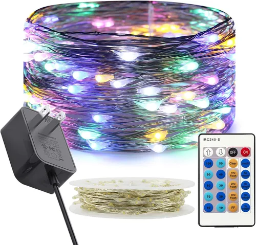 Miniatura 10 de RUICHEN Guirnalda de luces regulables enchufables de 33 pies, 100 luces LED de alambre plateado con control remoto, color naranja