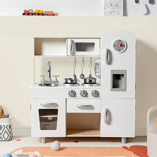 Miniatura 9 de KOTEK Juego de cocina para niños, juego de cocina de madera para niños pequeños con dispensador de agua con luces sonidos, estufa, horno, nevera