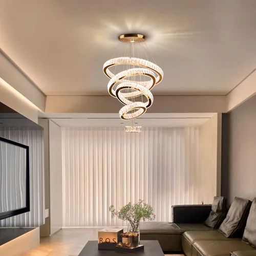 Lámpara candelabro LED de cristal grande, moderna de 5 anillos, luz colgante ajustable para dormitorio, comedor, cocina (blanco cálido).