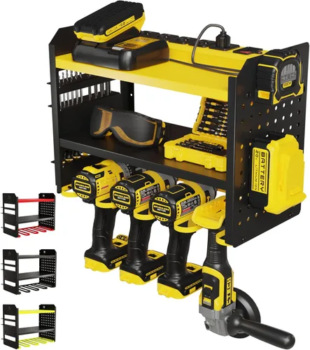 Miniatura 13 de BUILTSTRONG Organizador de almacenamiento de herramientas de metal resistente - Organizador de montaje en pared de 3 niveles, soporte de taladro