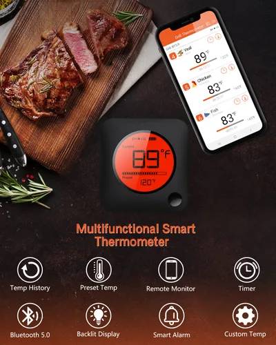 Miniatura 3 de BFOUR Termómetro de carne inalámbrico Bluetooth, termómetro digital LCD para carne con doble sonda, termómetro remoto inalámbrico para ahumador