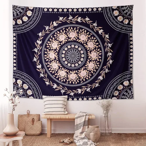 Miniatura 3 de FLY SPRAY Tapiz estético de mandala, tapices bohemios para colgar en la pared, tapiz de medallón floral de rosa oscura, arte de pared bohemio