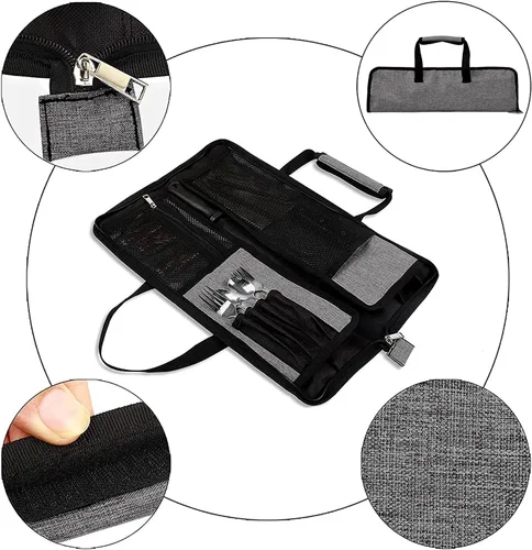 Miniatura 4 de Bolsa de rollo para cuchillos de chef, bolsa de cuchillo de chef Oxford resistente, estuche portátil para cuchillos de chef de 13 ranuras, Gris