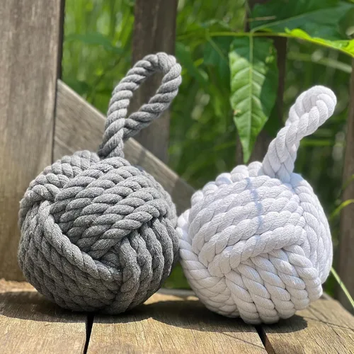 Miniatura 2 de Juego de 2 topes náuticos para puerta, color gris y blanco, cuerda de yute natural, atado a mano, mango de bucle, 6 pulgadas de profundidad x 9