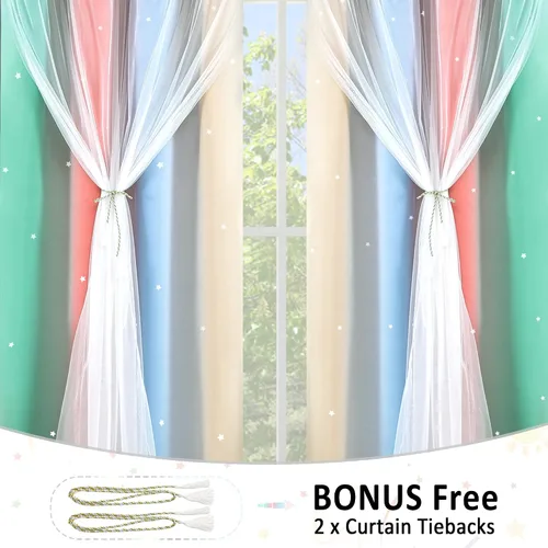Miniatura 6 de Cortinas opacas con recorte de estrellas y arcoíris para guardería/habitación de niños/niñas, con superposición de tul, 2 paneles, cada una de 52