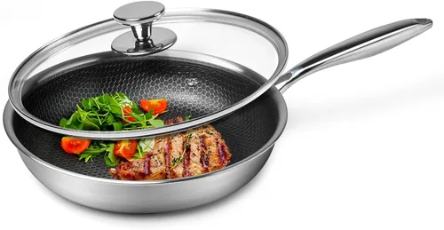 Sartén de Acero Inoxidable Innerwell Antiadherente con Tapa de 10 Pulgadas, Sartén de Acero Inoxidable Antiadherente con Múltiples Usos para Wok,