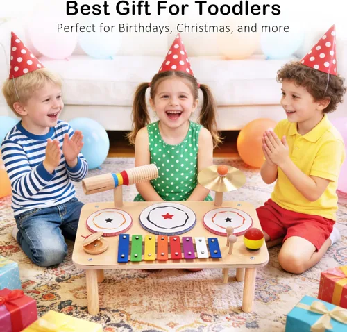 Miniatura 7 de WINGYZ Juego de batería para bebé, instrumentos musicales de madera 9 en 1 para niños pequeños de 1 a 3 años, juguetes de música Montessori