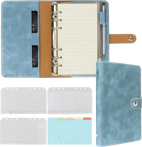 Miniatura 10 de FYY - Cuaderno de 6 anillos de piel sintética con bolsillos, divisores y papel de recarga, agenda de tamaño A5, color azul