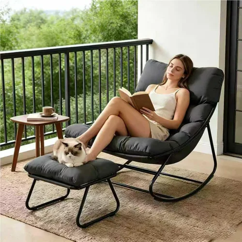 Miniatura 9 de Mecedora para interiores, cómoda silla de patio, mecedora con otomana y marco de metal resistente, sillas de balcón con cojín grueso, silla mecedora