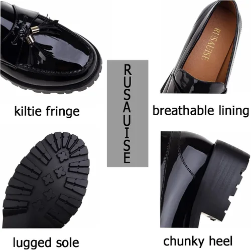 Miniatura 7 de RUSAUISE Mocasines gruesos de piel de charol para mujer, mocasines casuales con plataforma
