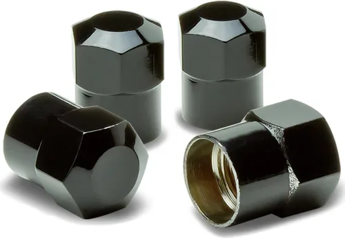 Auto Dynasty Tapones hexagonales de válvula de neumático de aleación de latón recubierto y pulido de aluminio negro cromado (paquete de 4)