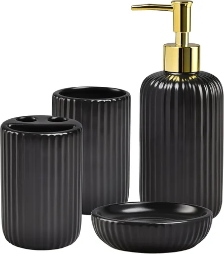 Miniatura 9 de Juego de Accesorios de Baño Negro Mate, Juego de Baño de Cerámica con Relieve de 4 Piezas Completo - Portacepillos de Dientes, Dispensador de Jabón