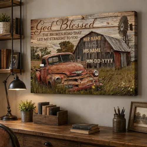 ANRUOXI Arte de Pared en Lienzo de Camión Vintage Personalizado, Impresiones en Lienzo de Letrero Personalizado con Nombres y Fechas de Familia,