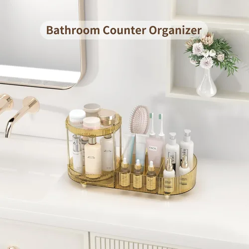 Miniatura 4 de Organizador de maquillaje giratorio para tocador, 2 bandejas de perfume con 5 compartimentos, almacenamiento de cosméticos y cuidado de la piel