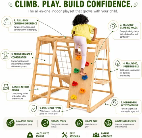 Miniatura 5 de Avenlur Magnolia Zona de juegos para interiores 7 en 1, gimnasio de la selva para niños de 2 a 6 años - Tobogán, pared de escalada, escalador